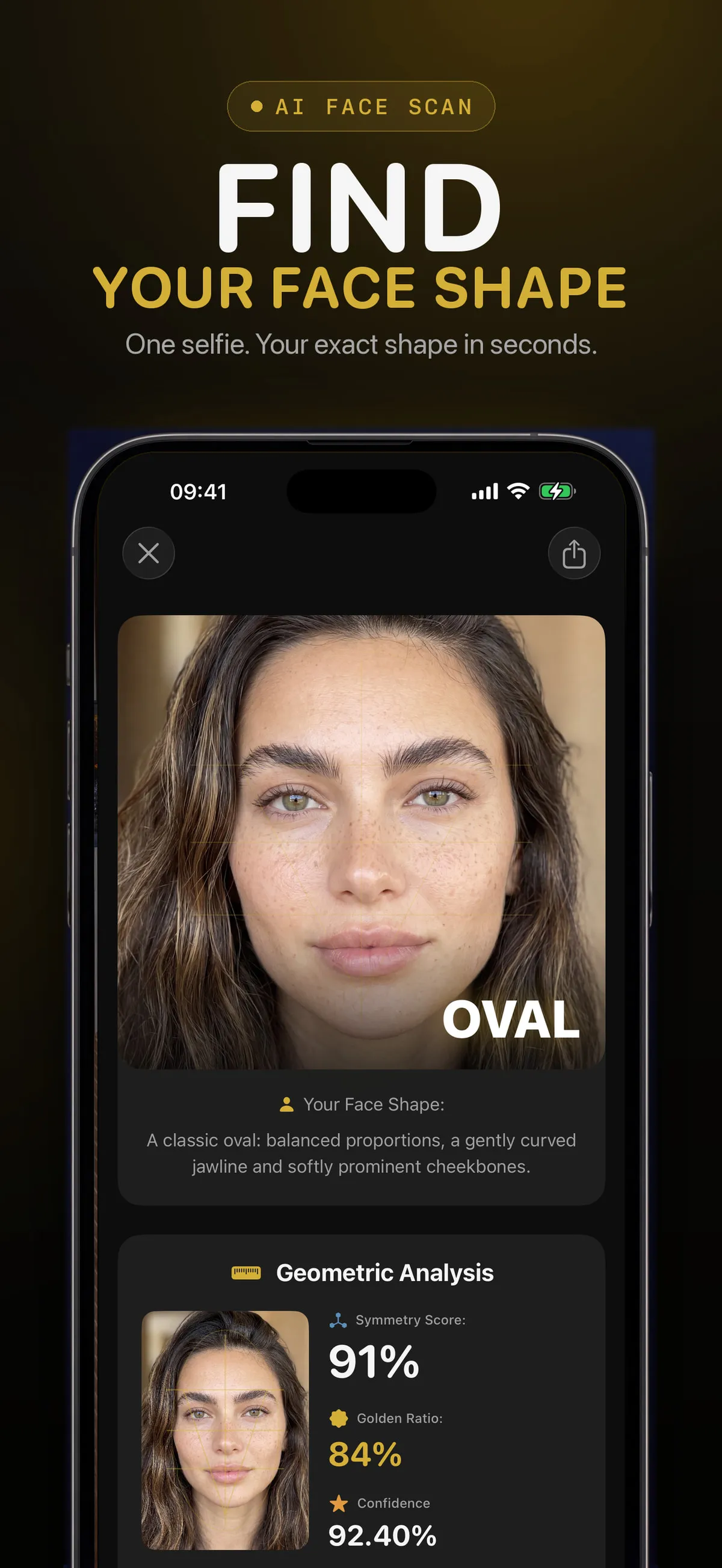 FaceForm app screen showing an estimated face shape