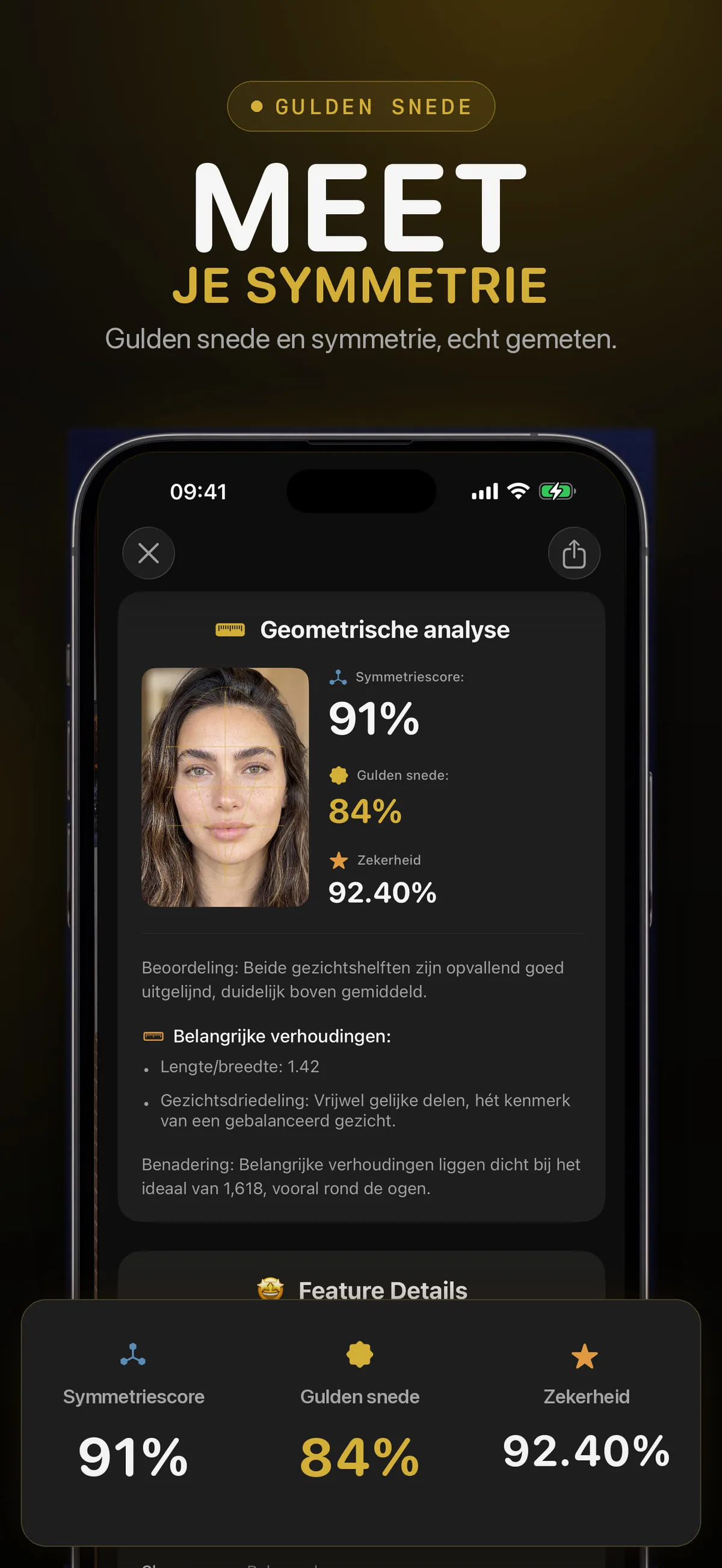 FaceForm-scherm met scores voor de gulden snede en gezichtssymmetrie