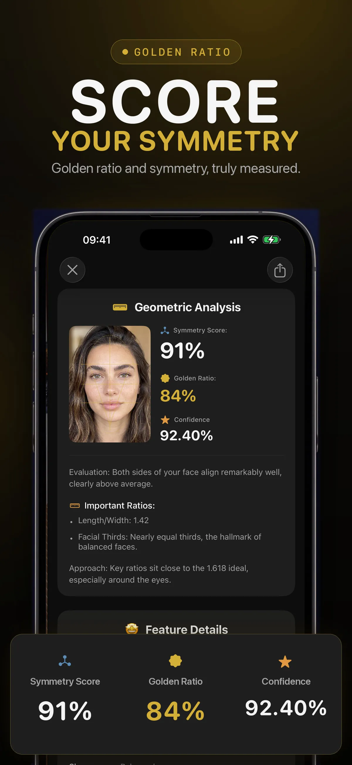FaceForm app screen showing generated golden-ratio and symmetry scores
