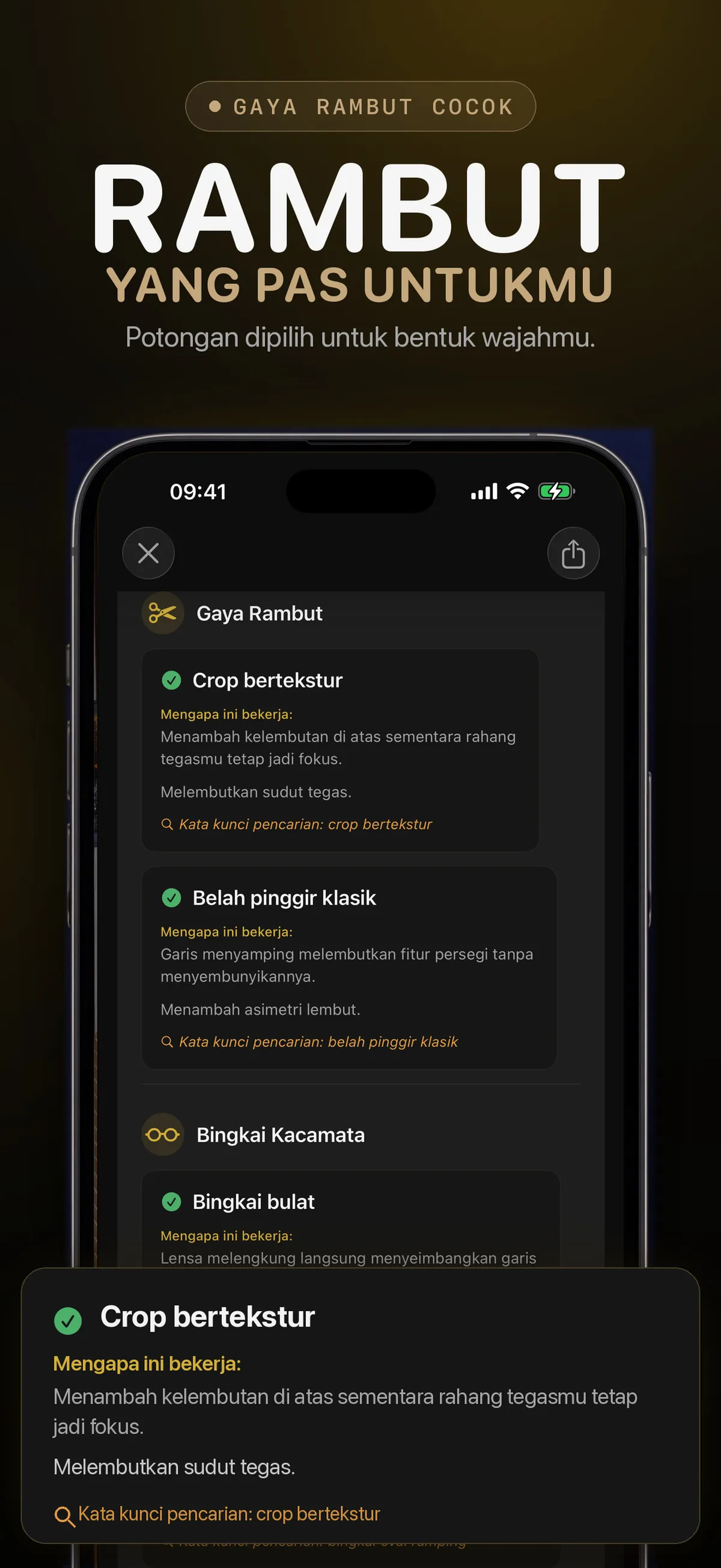 Layar aplikasi FaceForm yang menampilkan rekomendasi gaya rambut