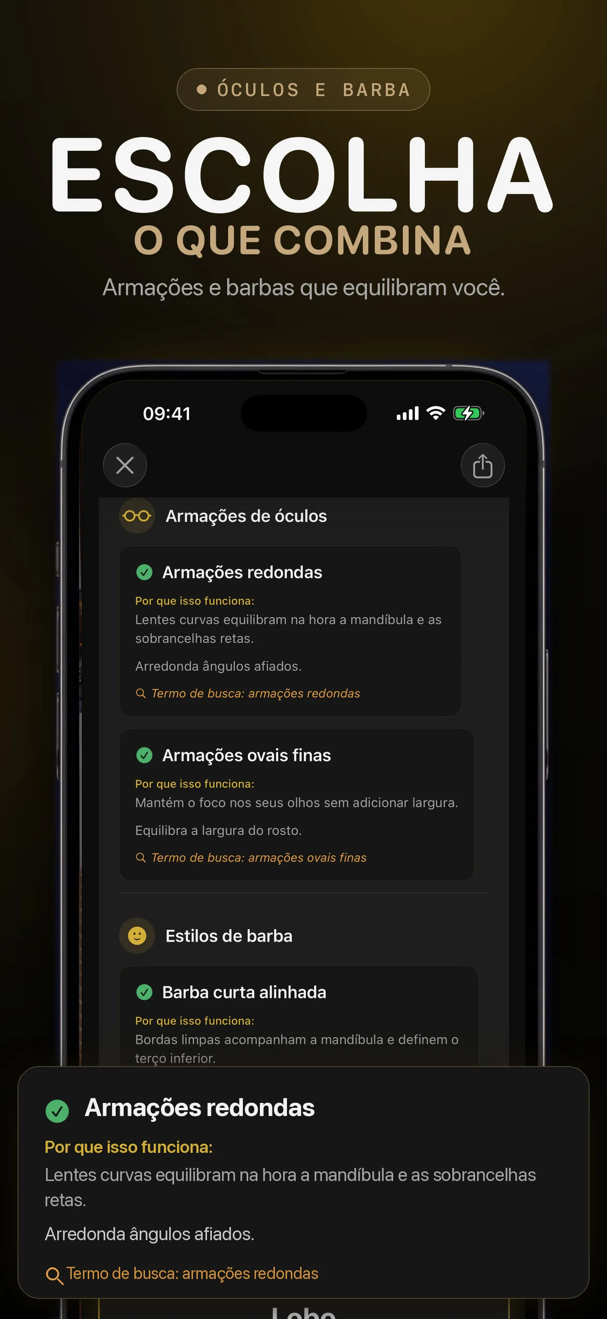 Tela do FaceForm com sugestões de óculos e estilos de barba