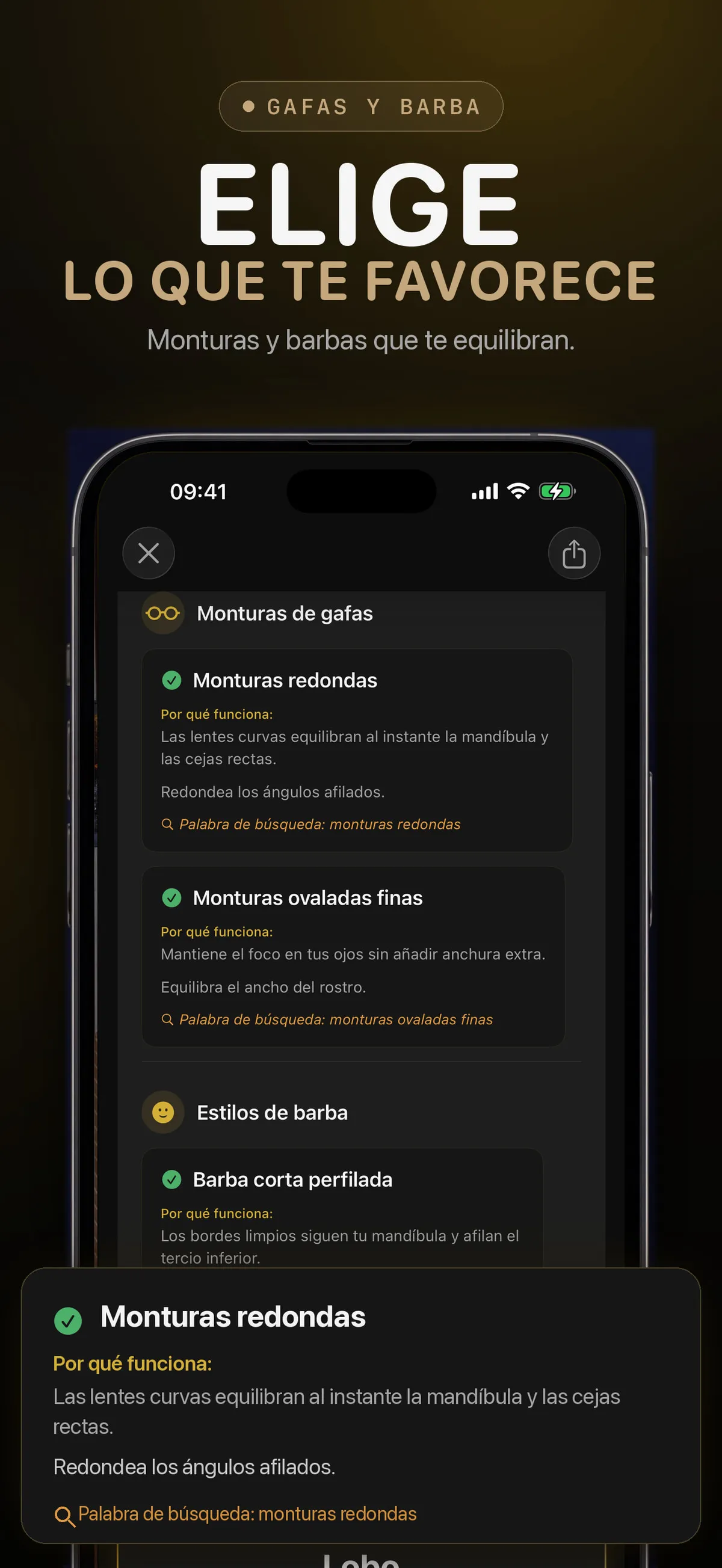 Pantalla de FaceForm con recomendaciones de gafas y barba