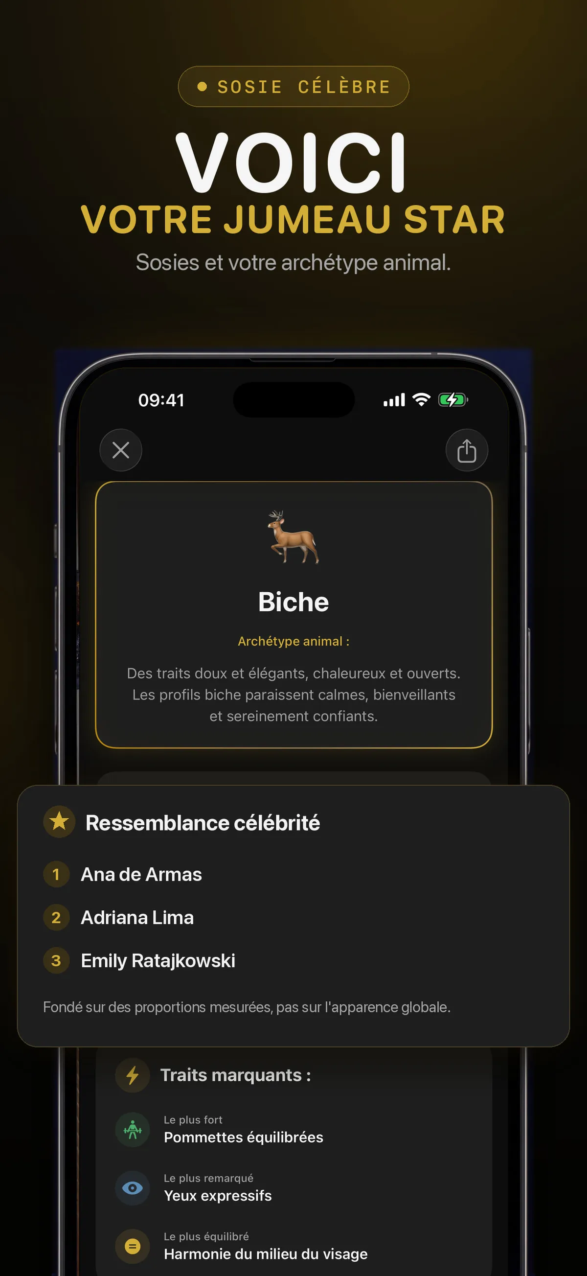 Écran FaceForm affichant des ressemblances avec des célébrités
