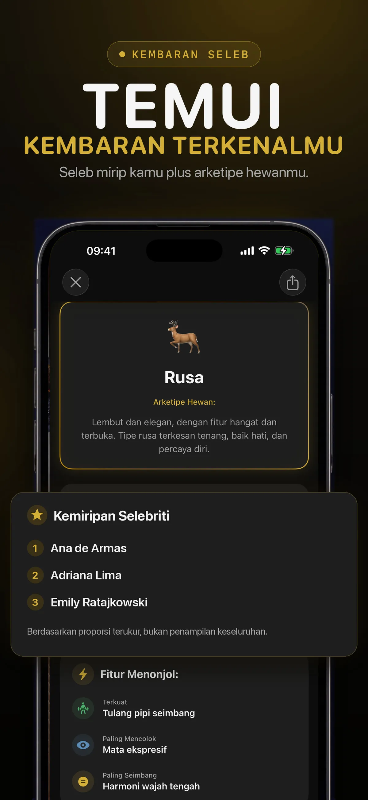 Layar aplikasi FaceForm yang menampilkan gambar kemiripan selebritas untuk hiburan