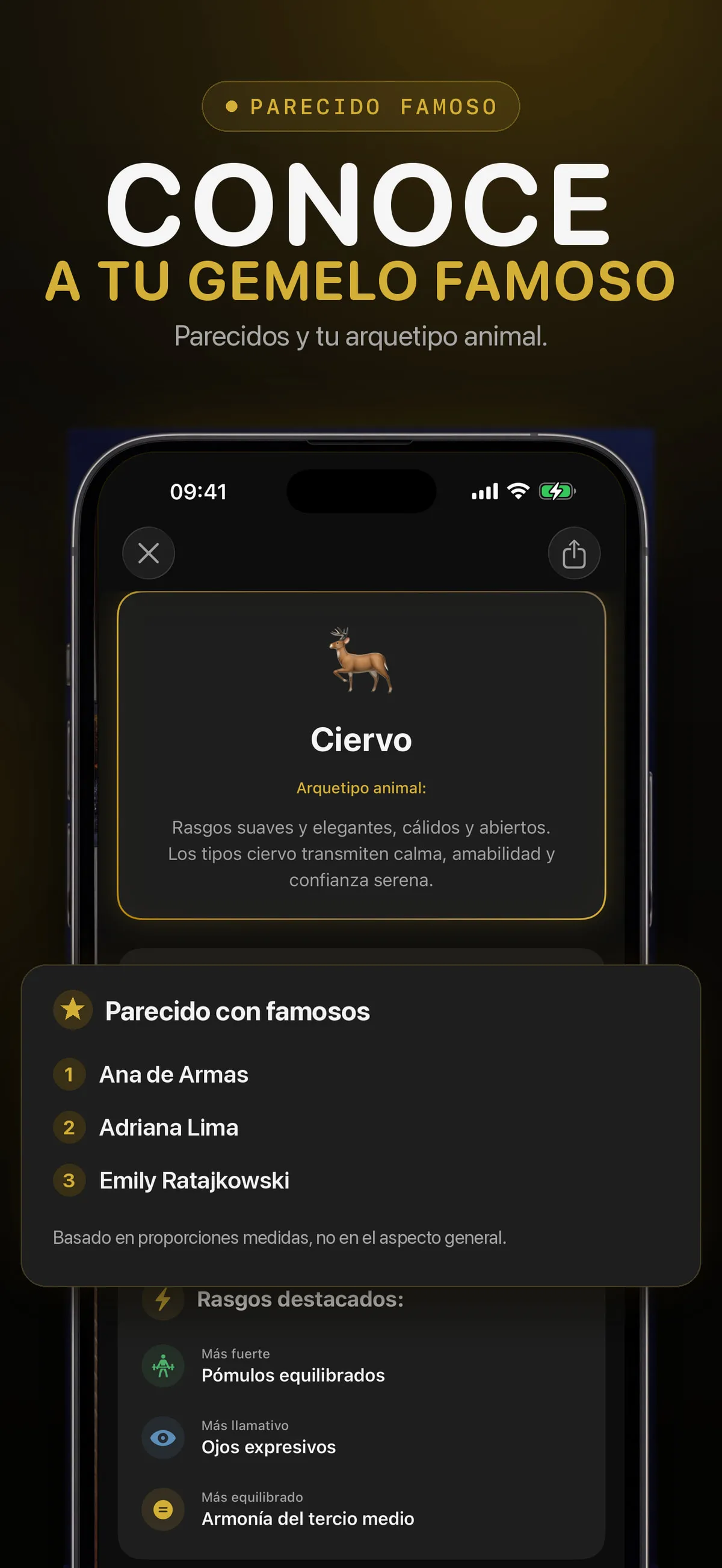 Pantalla de FaceForm con una comparación de parecido con un famoso