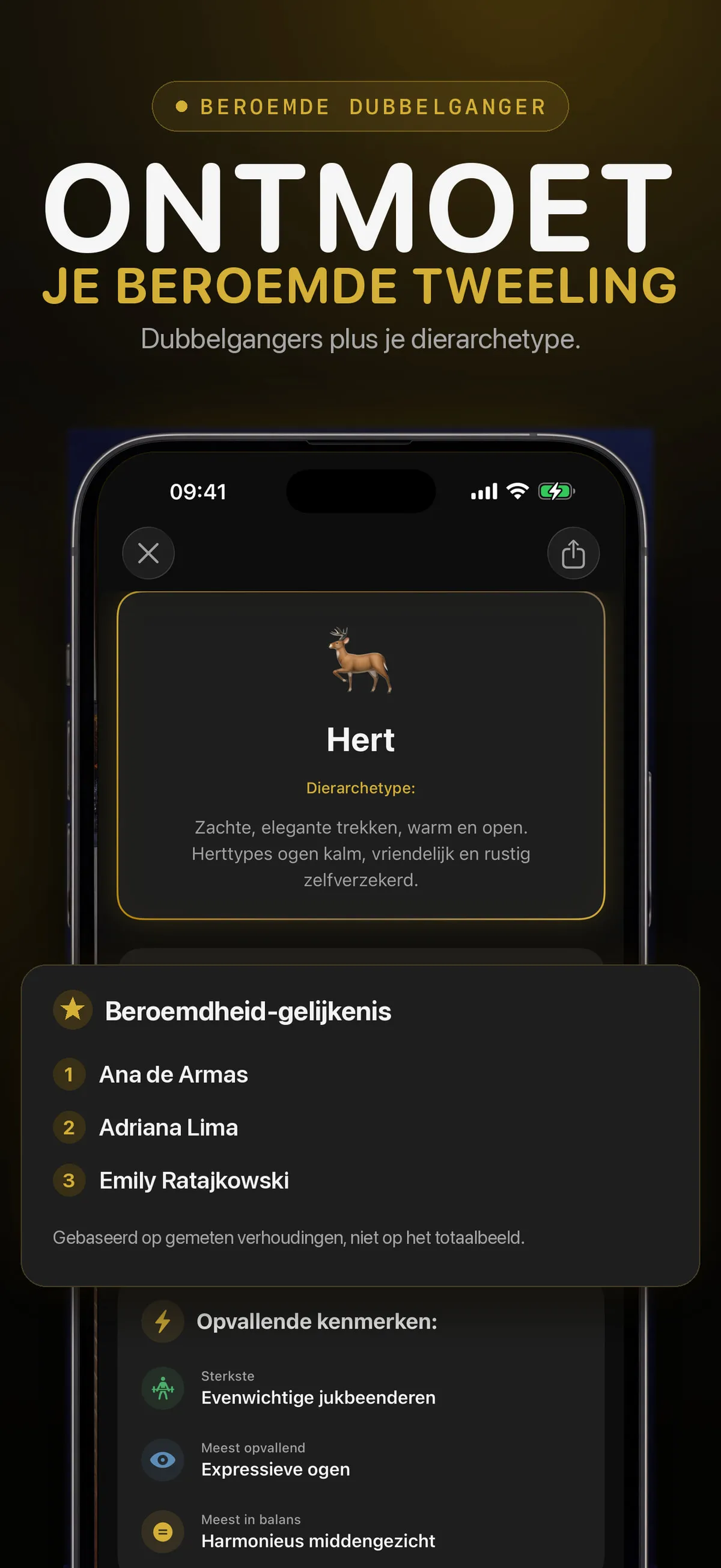 FaceForm-scherm met speelse gelijkenissen met beroemdheden
